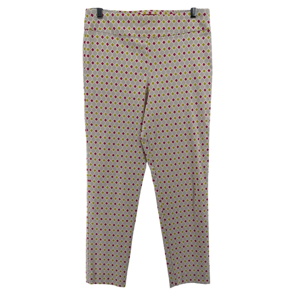Krazy Larry Women 12 Grey Pink Lime Green Geometric Diamond Pull On Ankle Pants